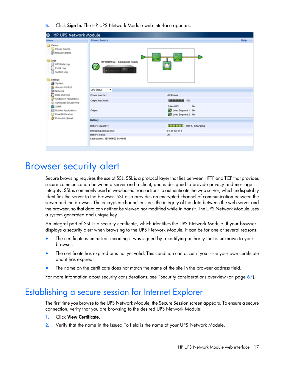 Browser security alert | HP UPS Network Module User Manual | Page 17 / 87