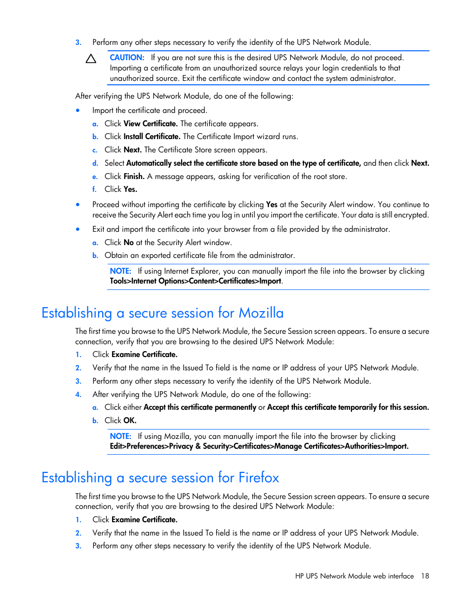 Establishing a secure session for mozilla, Establishing a secure session for firefox | HP UPS Network Module User Manual | Page 18 / 87