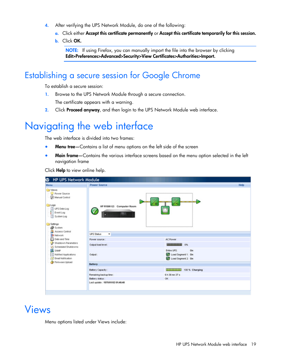 Establishing a secure session for google chrome, Navigating the web interface, Views | HP UPS Network Module User Manual | Page 19 / 87
