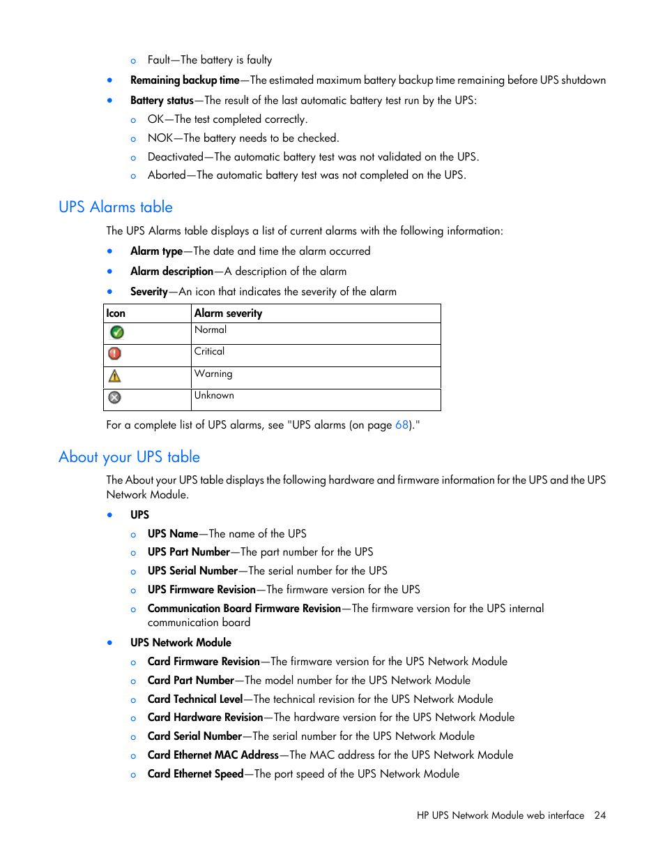 Ups alarms table, About your ups table | HP UPS Network Module User Manual | Page 24 / 87