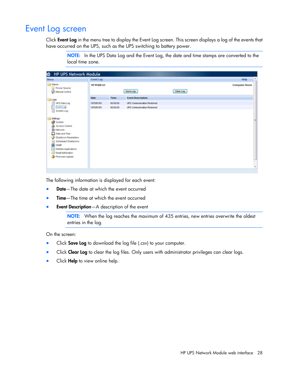 Event log screen | HP UPS Network Module User Manual | Page 28 / 87