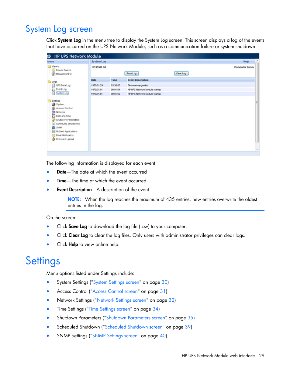 System log screen, Settings | HP UPS Network Module User Manual | Page 29 / 87