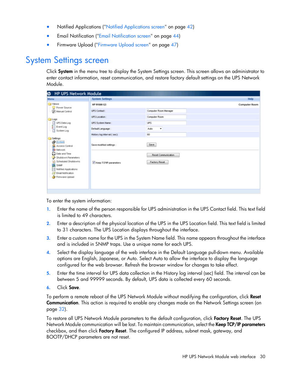 System settings screen | HP UPS Network Module User Manual | Page 30 / 87