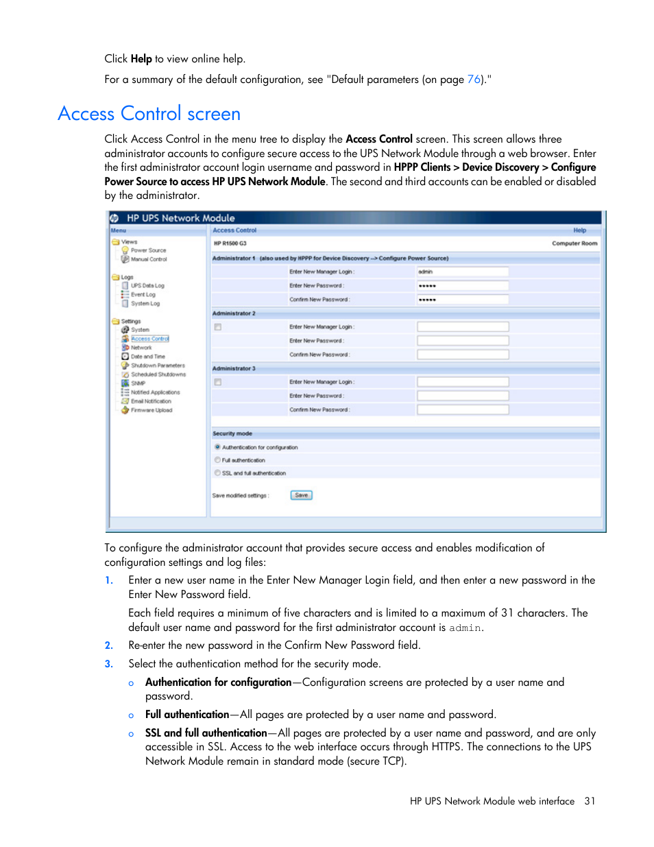 Access control screen | HP UPS Network Module User Manual | Page 31 / 87