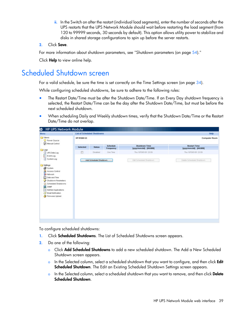Scheduled shutdown screen | HP UPS Network Module User Manual | Page 39 / 87