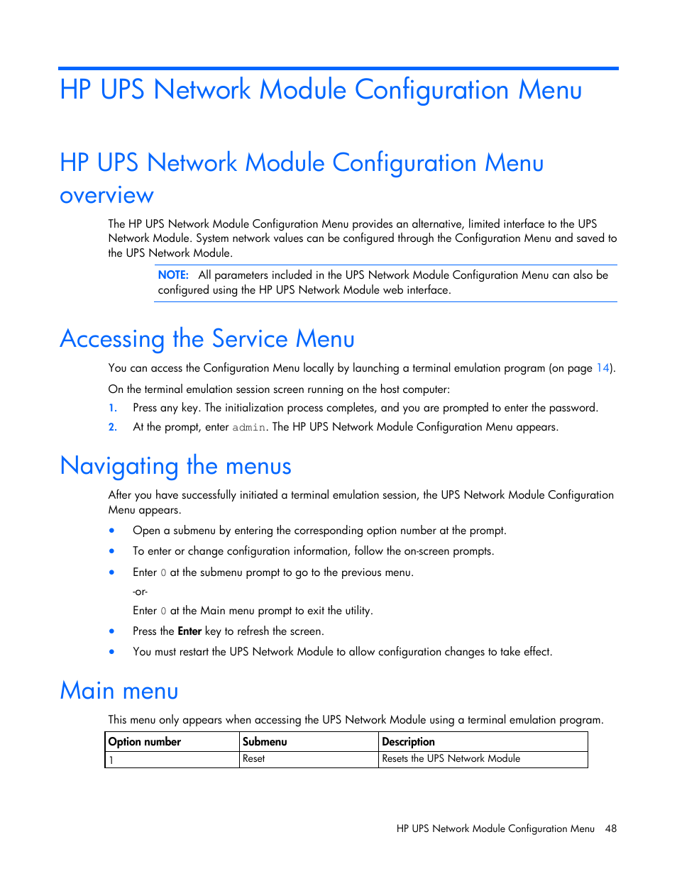 Hp ups network module configuration menu, Hp ups network module configuration menu overview, Accessing the service menu | Navigating the menus, Main menu | HP UPS Network Module User Manual | Page 48 / 87