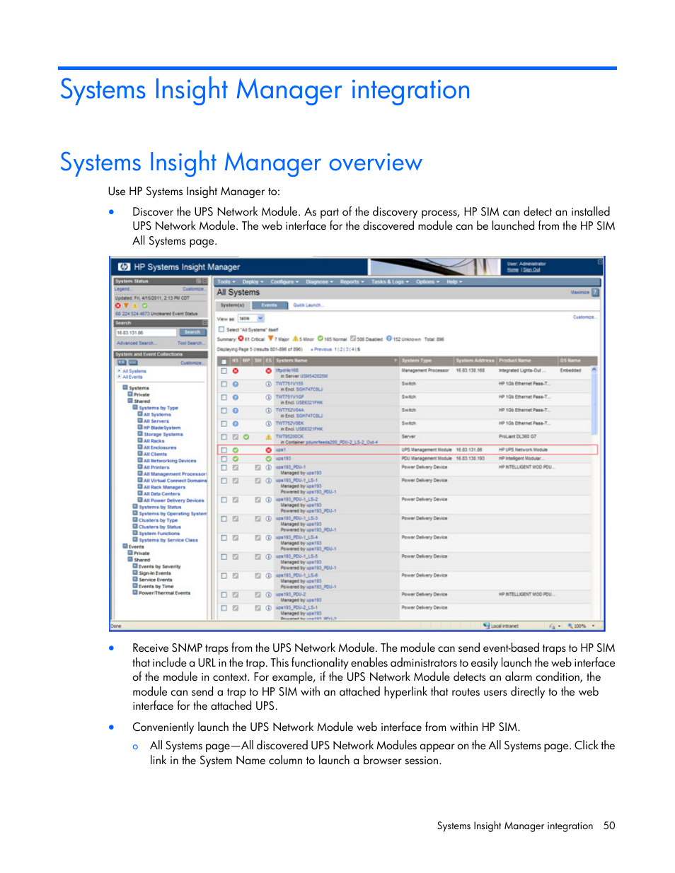 Systems insight manager integration, Systems insight manager overview | HP UPS Network Module User Manual | Page 50 / 87