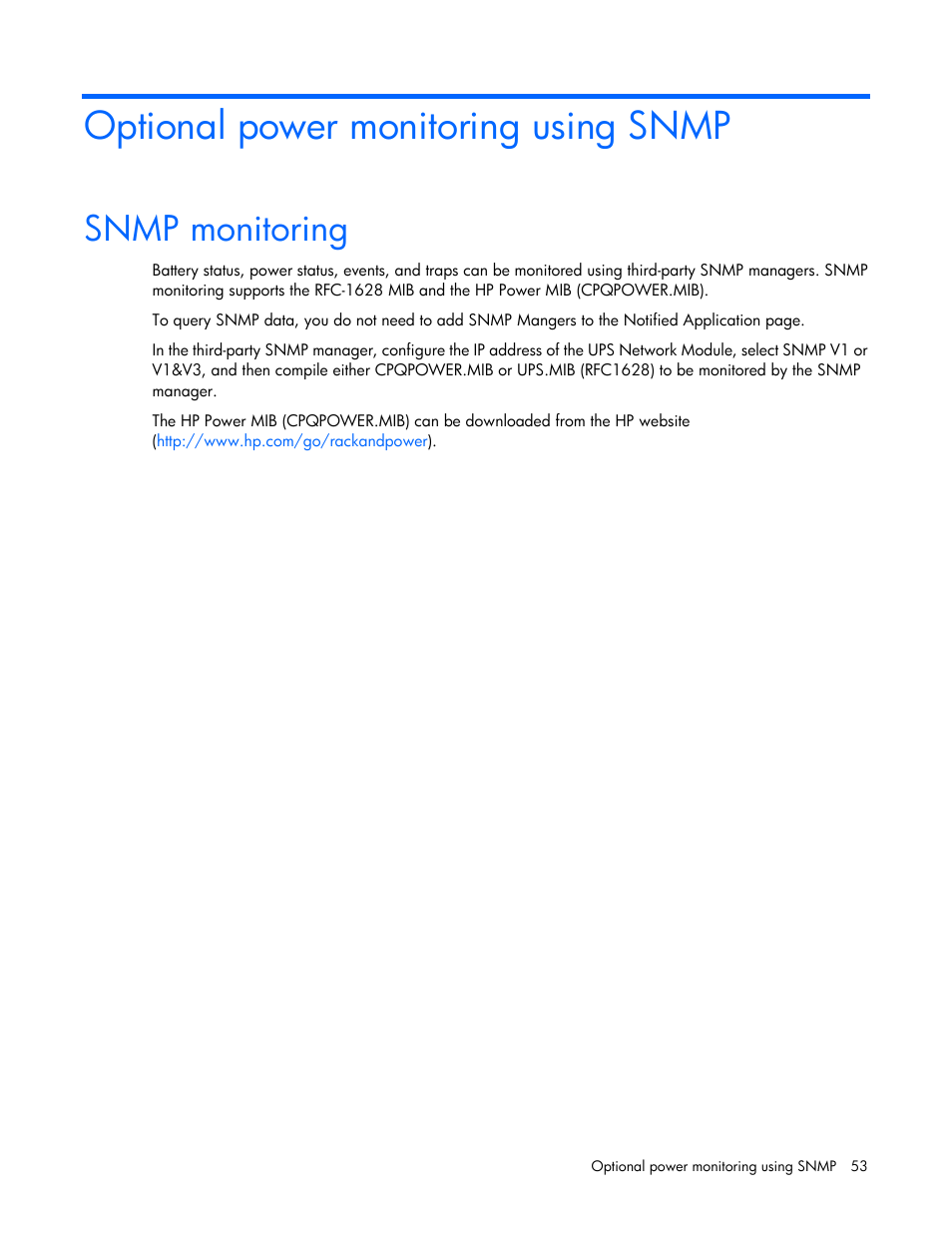 Optional power monitoring using snmp, Snmp monitoring | HP UPS Network Module User Manual | Page 53 / 87