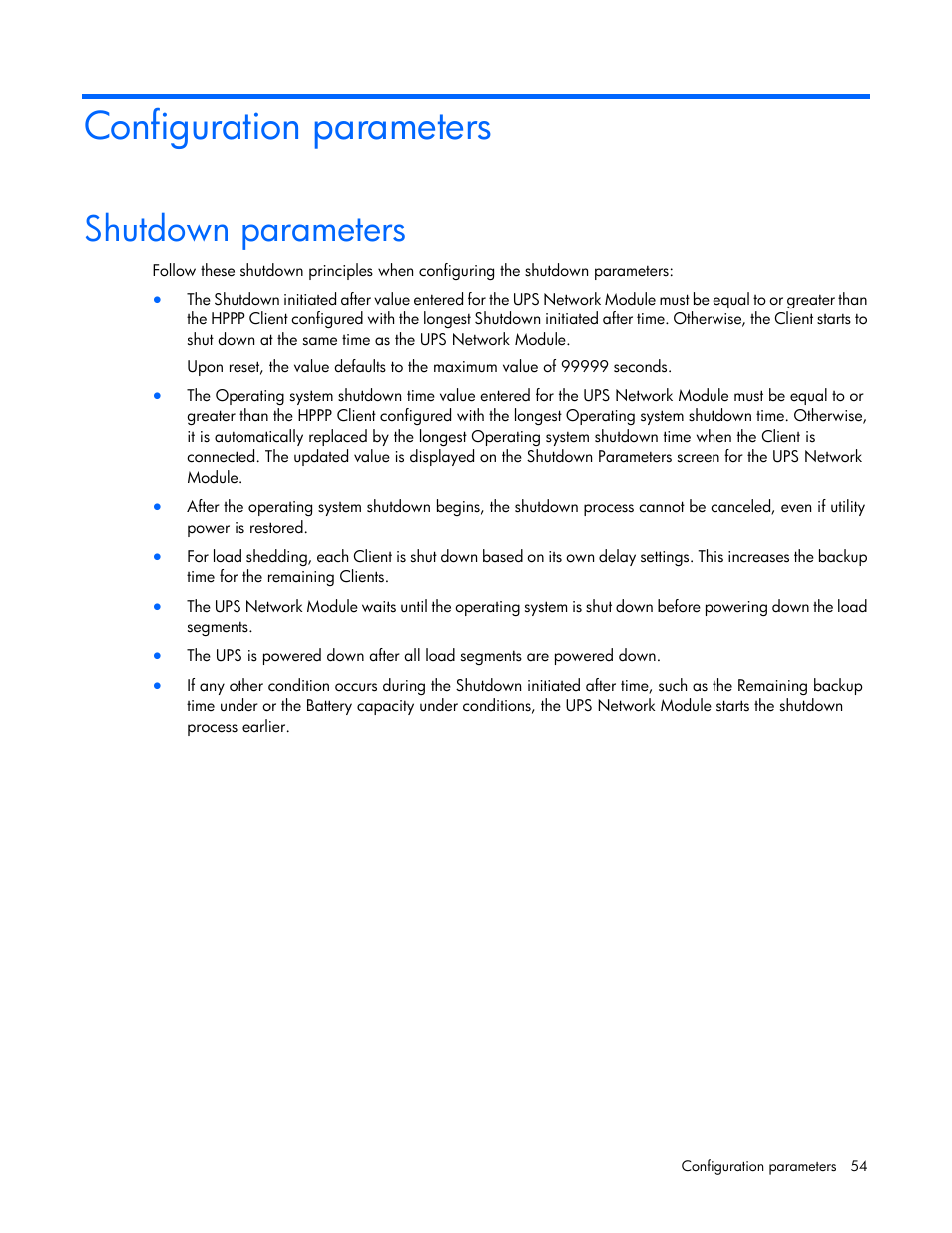Configuration parameters, Shutdown parameters | HP UPS Network Module User Manual | Page 54 / 87