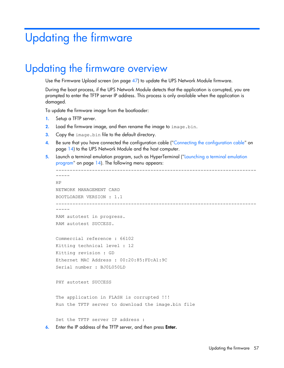 Updating the firmware, Updating the firmware overview | HP UPS Network Module User Manual | Page 57 / 87