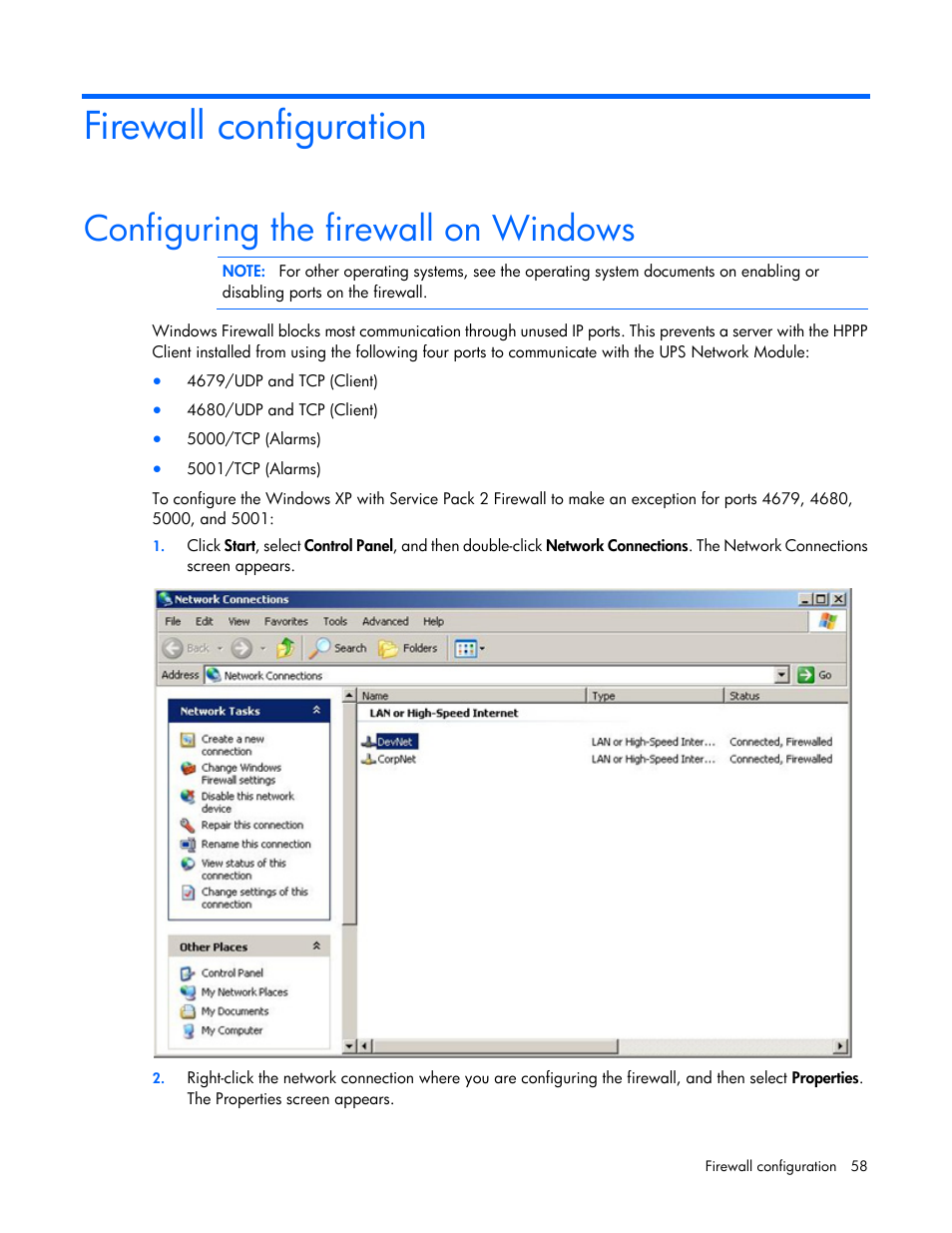 Firewall configuration, Configuring the firewall on windows | HP UPS Network Module User Manual | Page 58 / 87