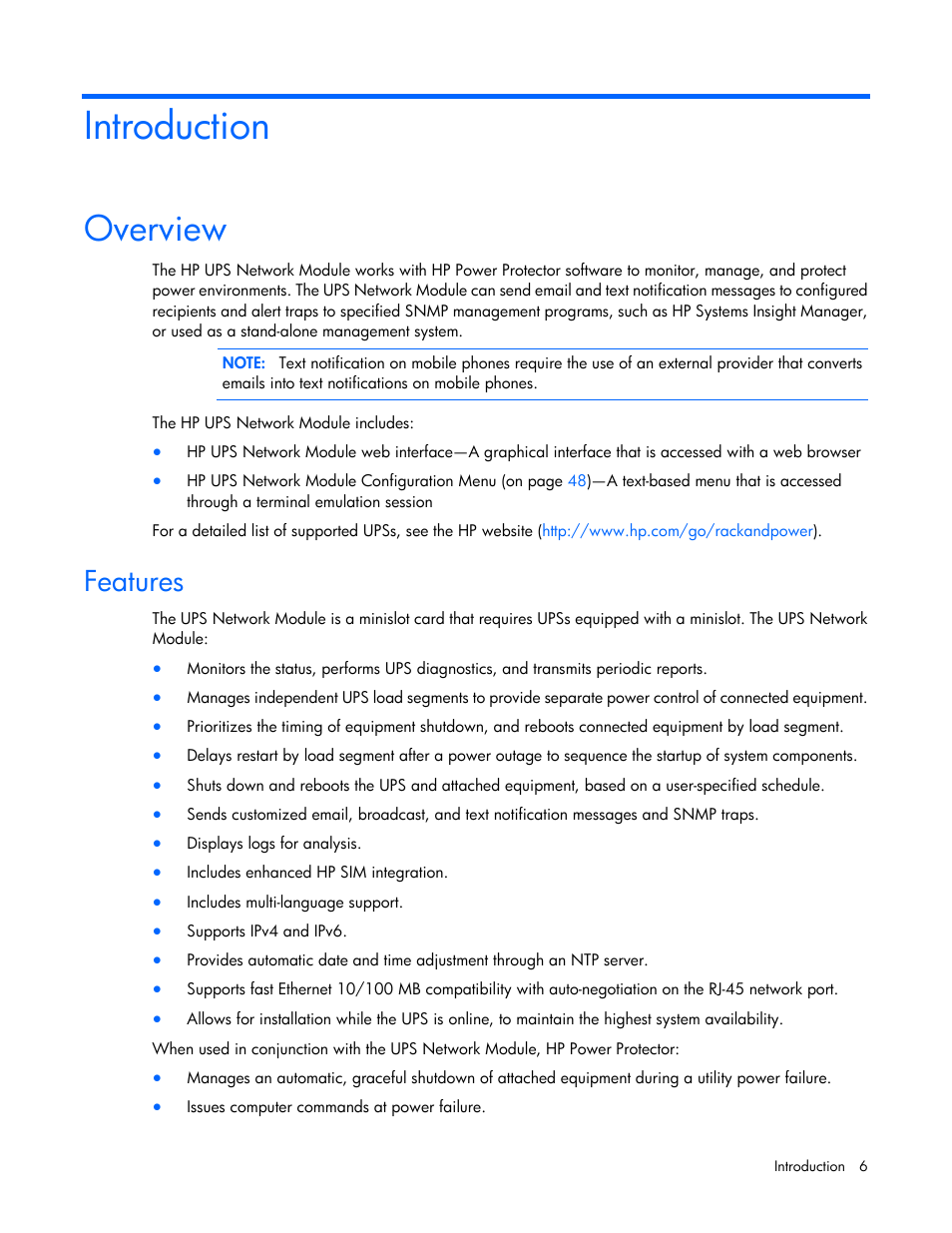 Introduction, Overview, Features | HP UPS Network Module User Manual | Page 6 / 87