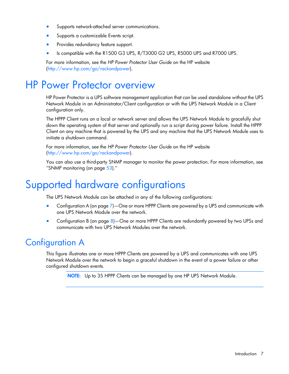 Hp power protector overview, Supported hardware configurations, Configuration a | HP UPS Network Module User Manual | Page 7 / 87