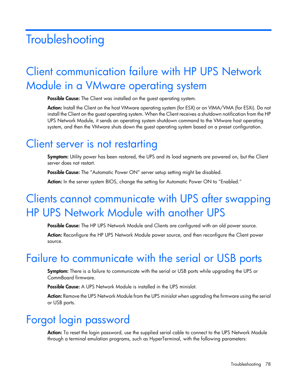 Troubleshooting, Client server is not restarting, Forgot login password | HP UPS Network Module User Manual | Page 78 / 87
