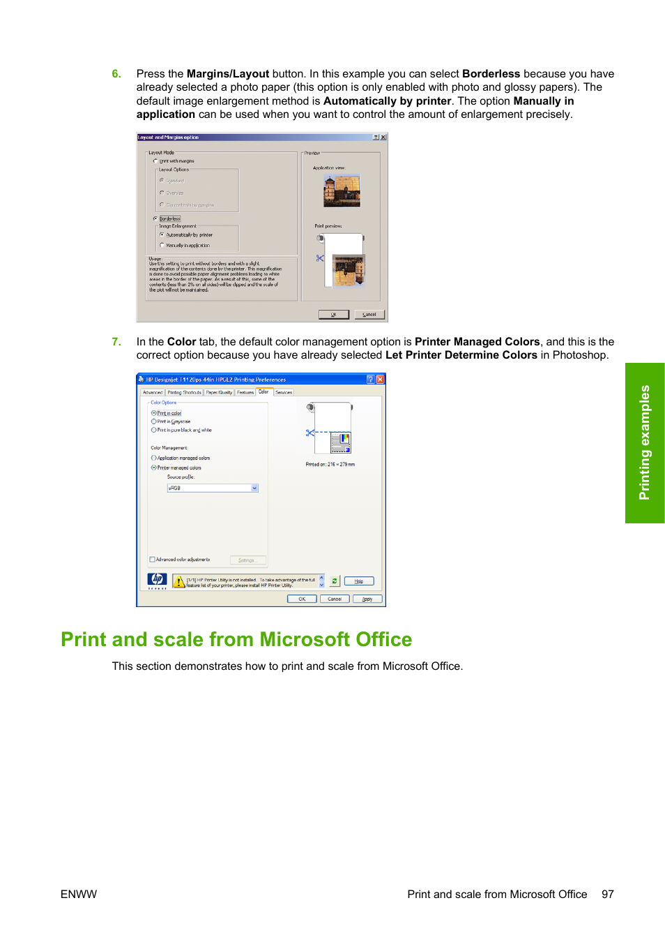Print and scale from microsoft office | HP Designjet T1120 Printer series User Manual | Page 106 / 207