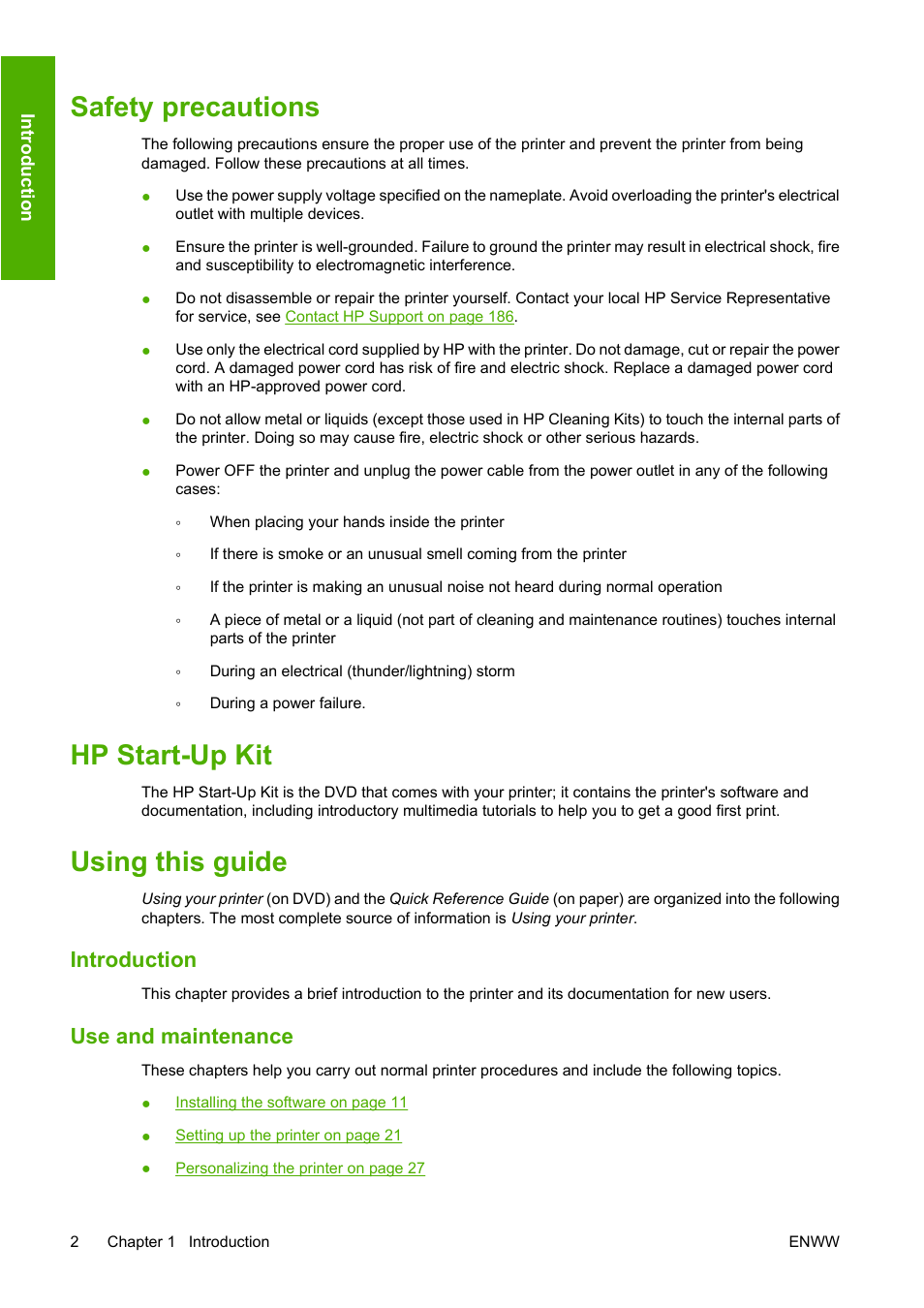 Safety precautions, Hp start-up kit, Using this guide | Introduction, Use and maintenance | HP Designjet T1120 Printer series User Manual | Page 11 / 207