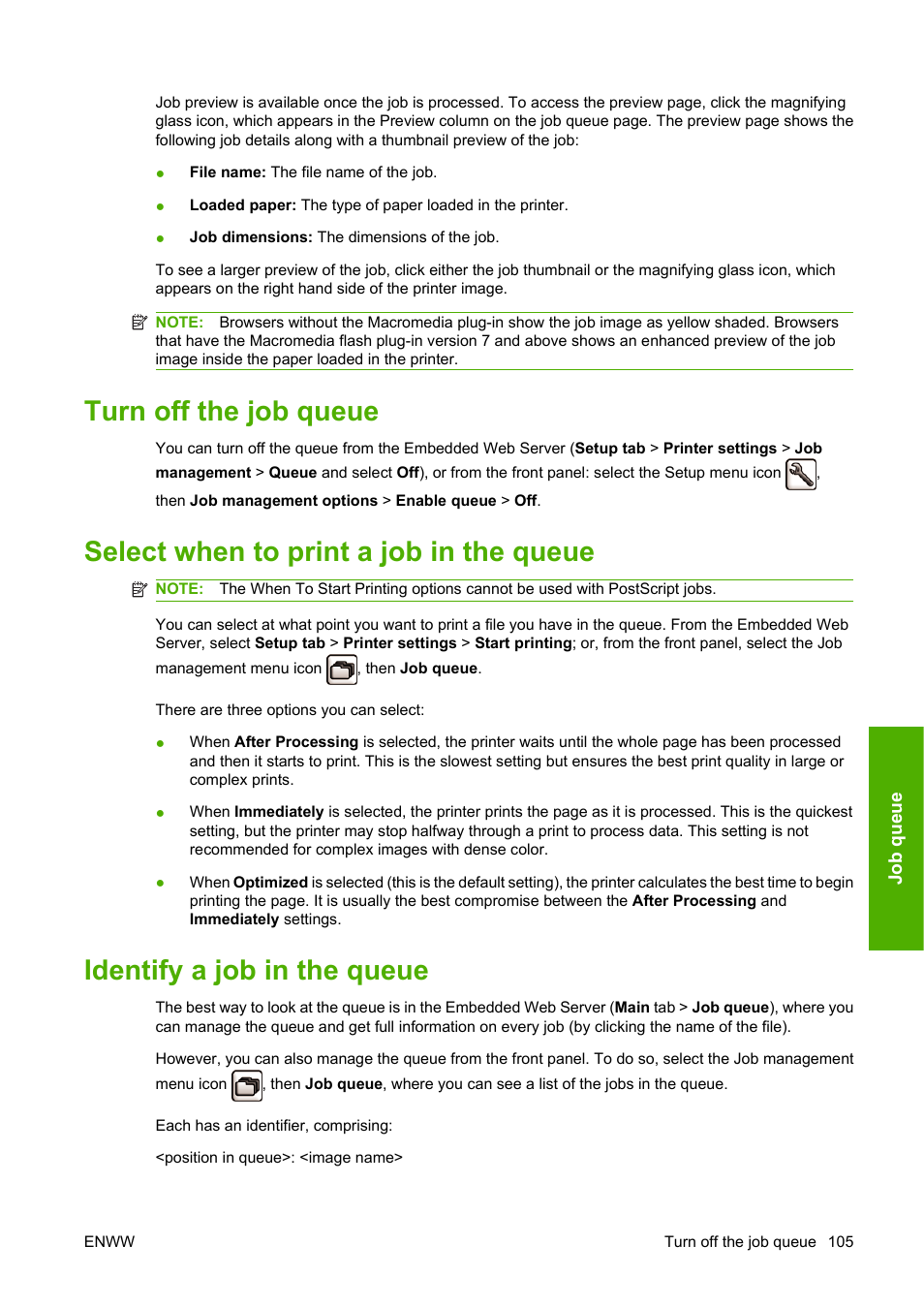 Turn off the job queue, Select when to print a job in the queue, Identify a job in the queue | HP Designjet T1120 Printer series User Manual | Page 114 / 207