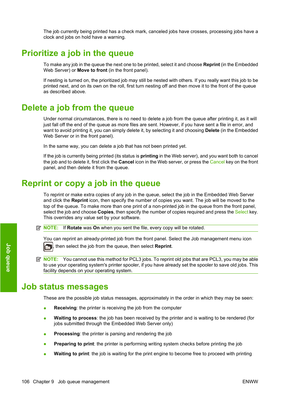 Prioritize a job in the queue, Delete a job from the queue, Reprint or copy a job in the queue | Job status messages | HP Designjet T1120 Printer series User Manual | Page 115 / 207