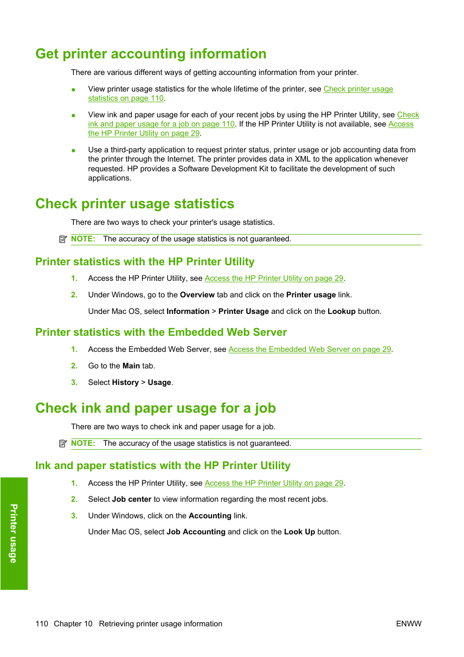 Get printer accounting information, Check printer usage statistics, Printer statistics with the hp printer utility | Printer statistics with the embedded web server, Check ink and paper usage for a job | HP Designjet T1120 Printer series User Manual | Page 119 / 207