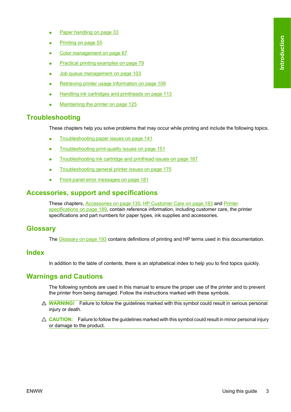 Troubleshooting, Accessories, support and specifications, Glossary | Index, Warnings and cautions | HP Designjet T1120 Printer series User Manual | Page 12 / 207