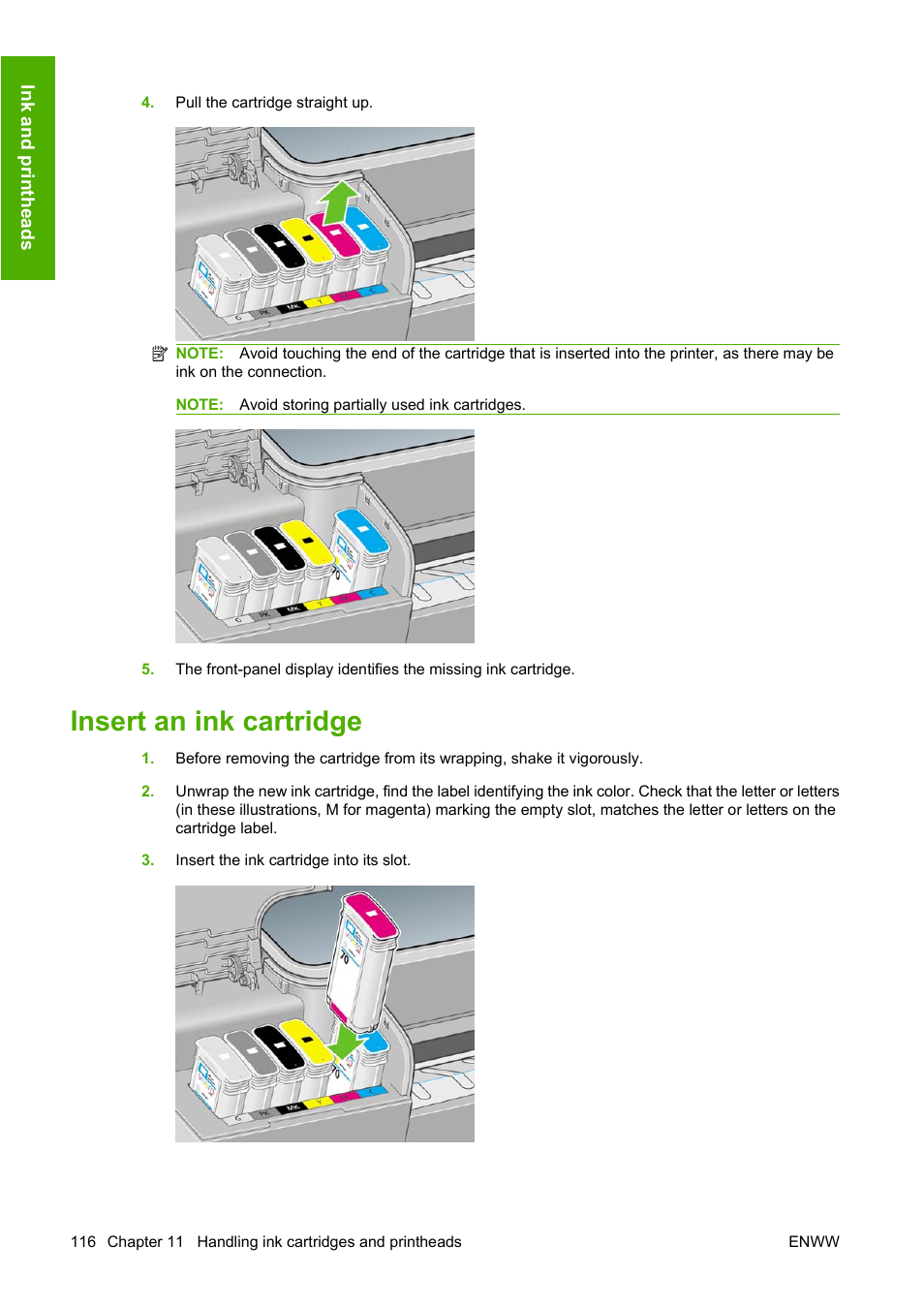 Insert an ink cartridge | HP Designjet T1120 Printer series User Manual | Page 125 / 207