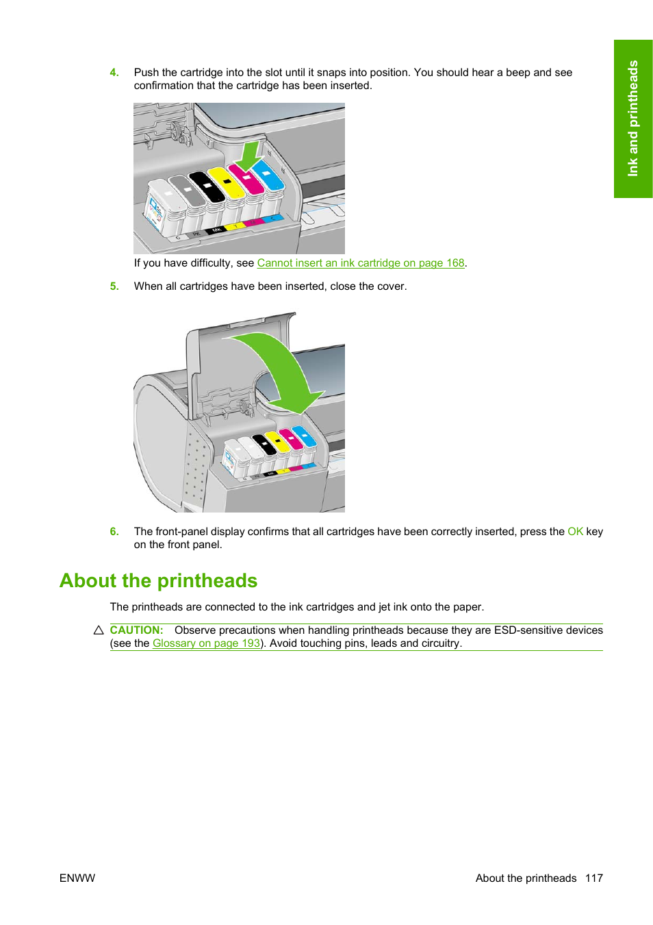 About the printheads | HP Designjet T1120 Printer series User Manual | Page 126 / 207