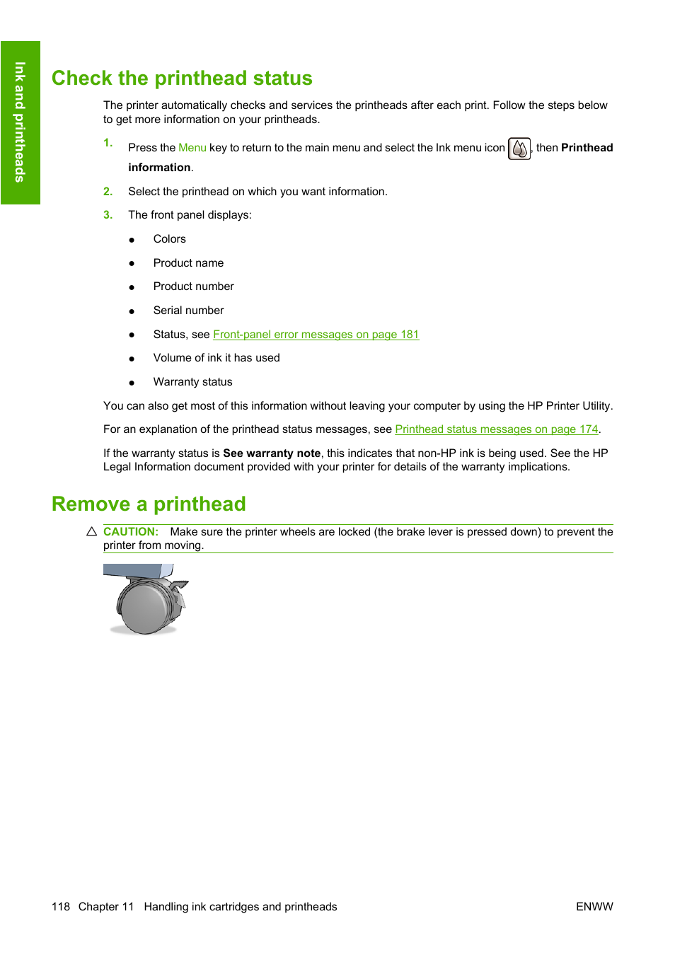 Check the printhead status, Remove a printhead, Check the printhead status remove a printhead | HP Designjet T1120 Printer series User Manual | Page 127 / 207