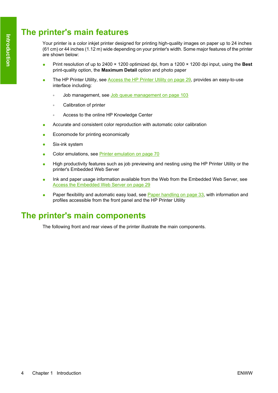 The printer's main features, The printer's main components | HP Designjet T1120 Printer series User Manual | Page 13 / 207