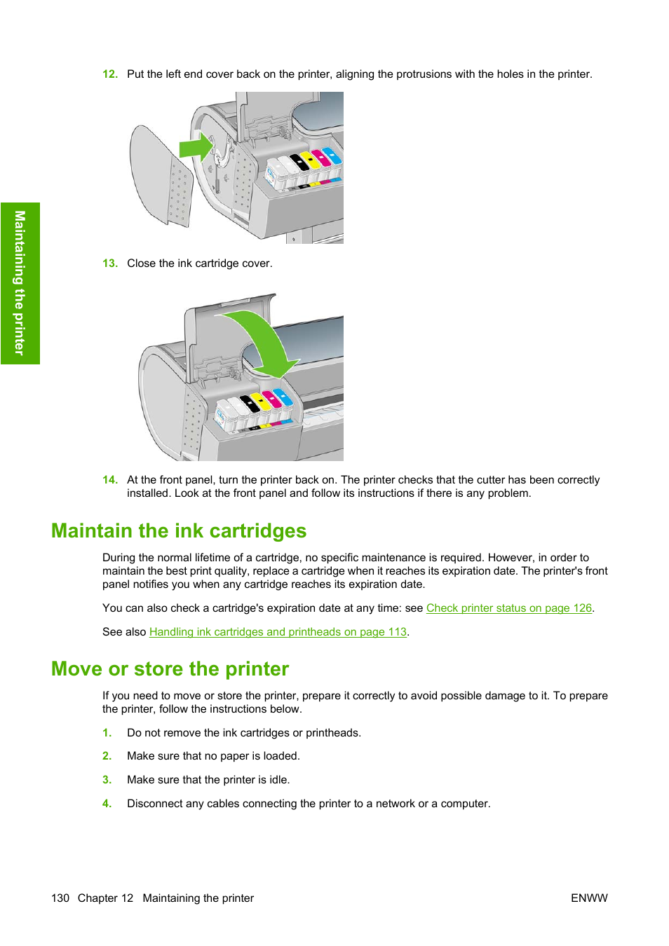 Maintain the ink cartridges, Move or store the printer | HP Designjet T1120 Printer series User Manual | Page 139 / 207