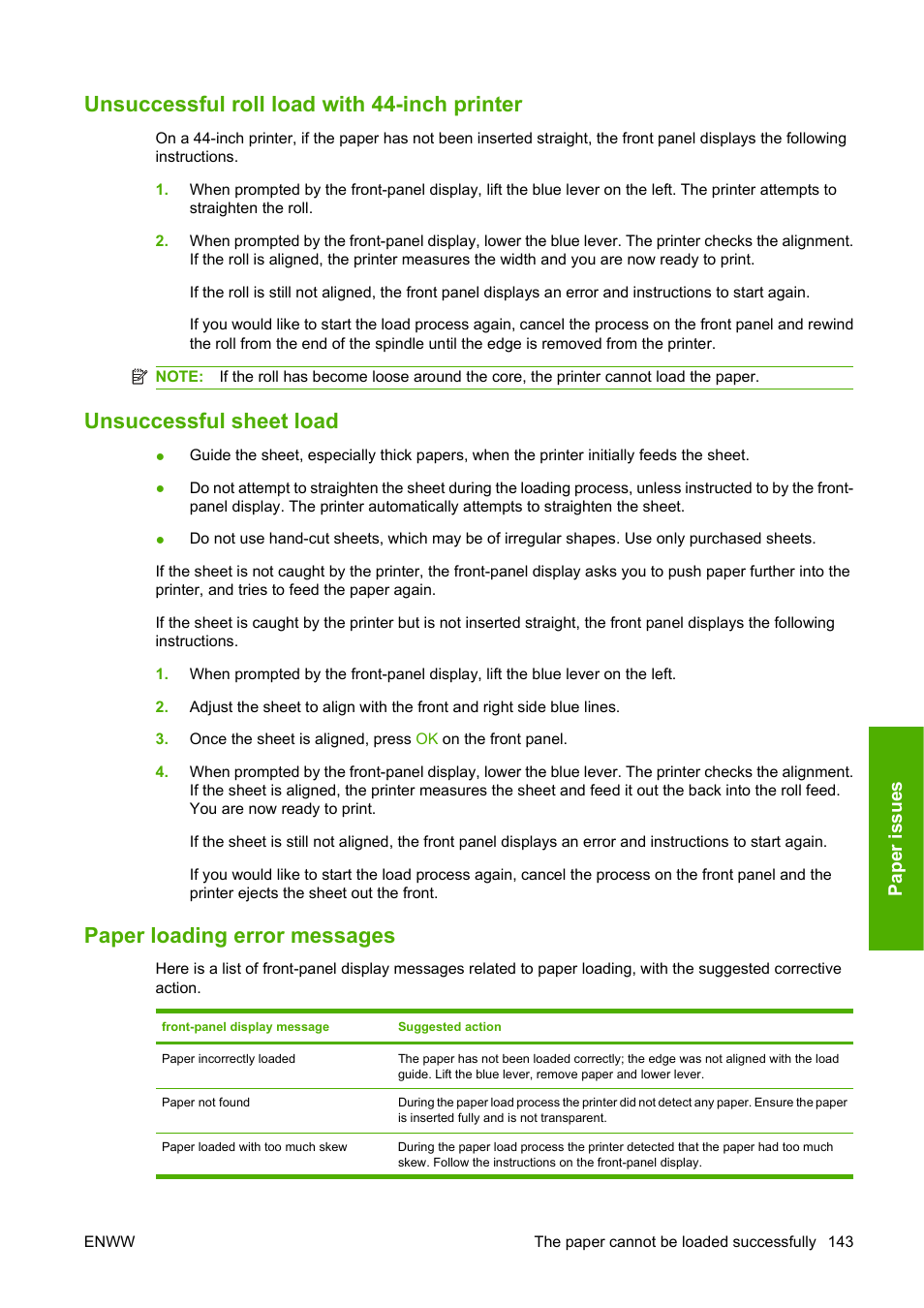 Unsuccessful roll load with 44-inch printer, Unsuccessful sheet load, Paper loading error messages | HP Designjet T1120 Printer series User Manual | Page 152 / 207
