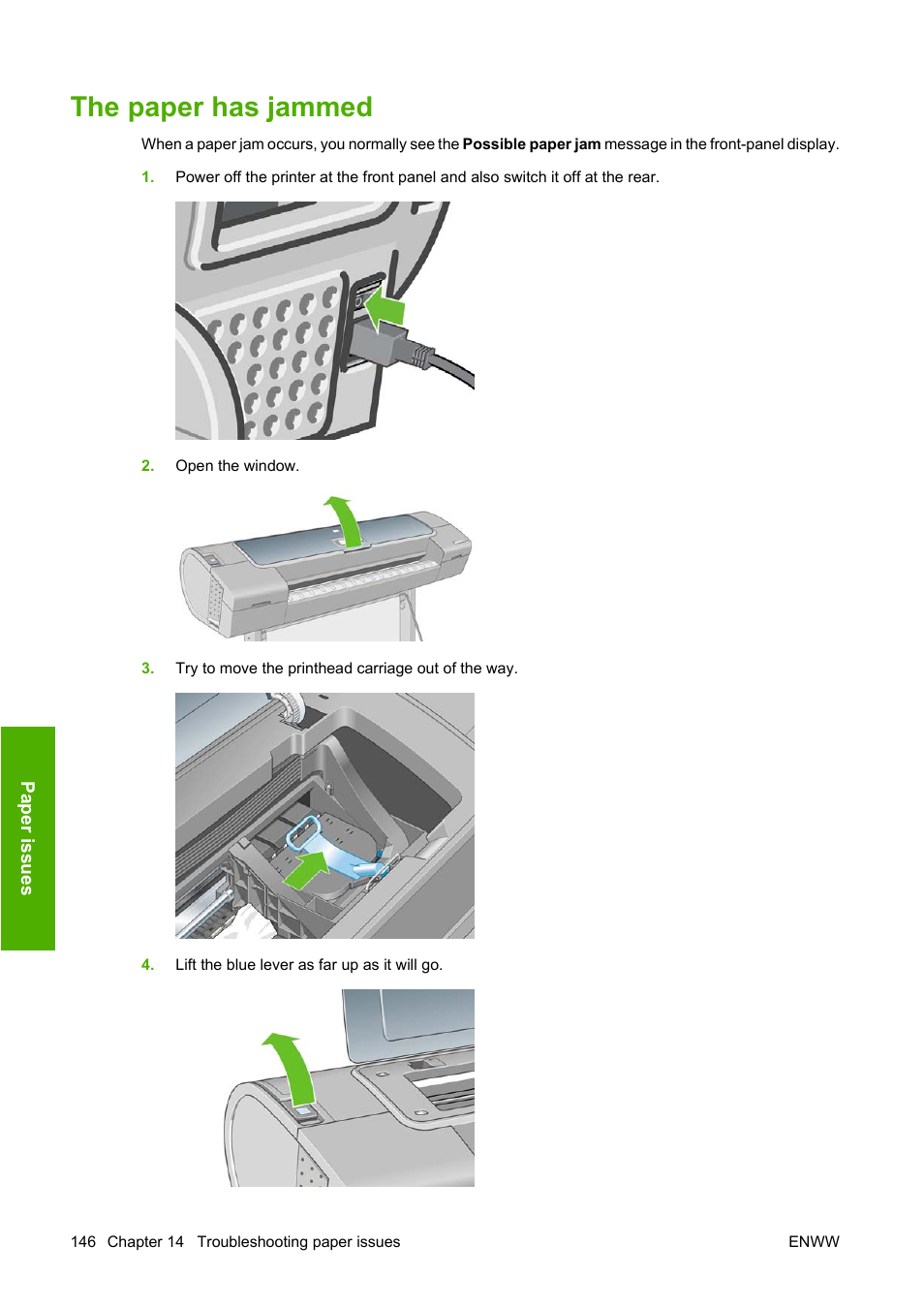 The paper has jammed | HP Designjet T1120 Printer series User Manual | Page 155 / 207