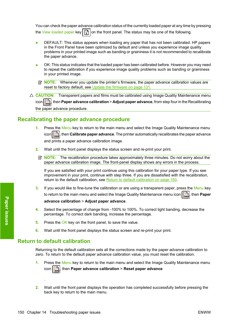 Recalibrating the paper advance procedure, Return to default calibration | HP Designjet T1120 Printer series User Manual | Page 159 / 207