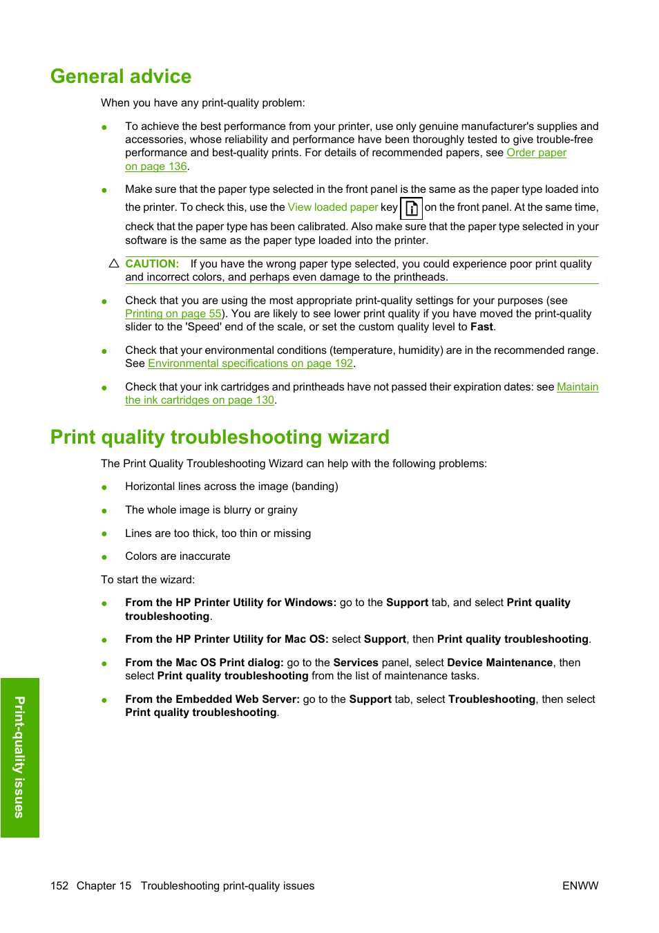 General advice, Print quality troubleshooting wizard | HP Designjet T1120 Printer series User Manual | Page 161 / 207