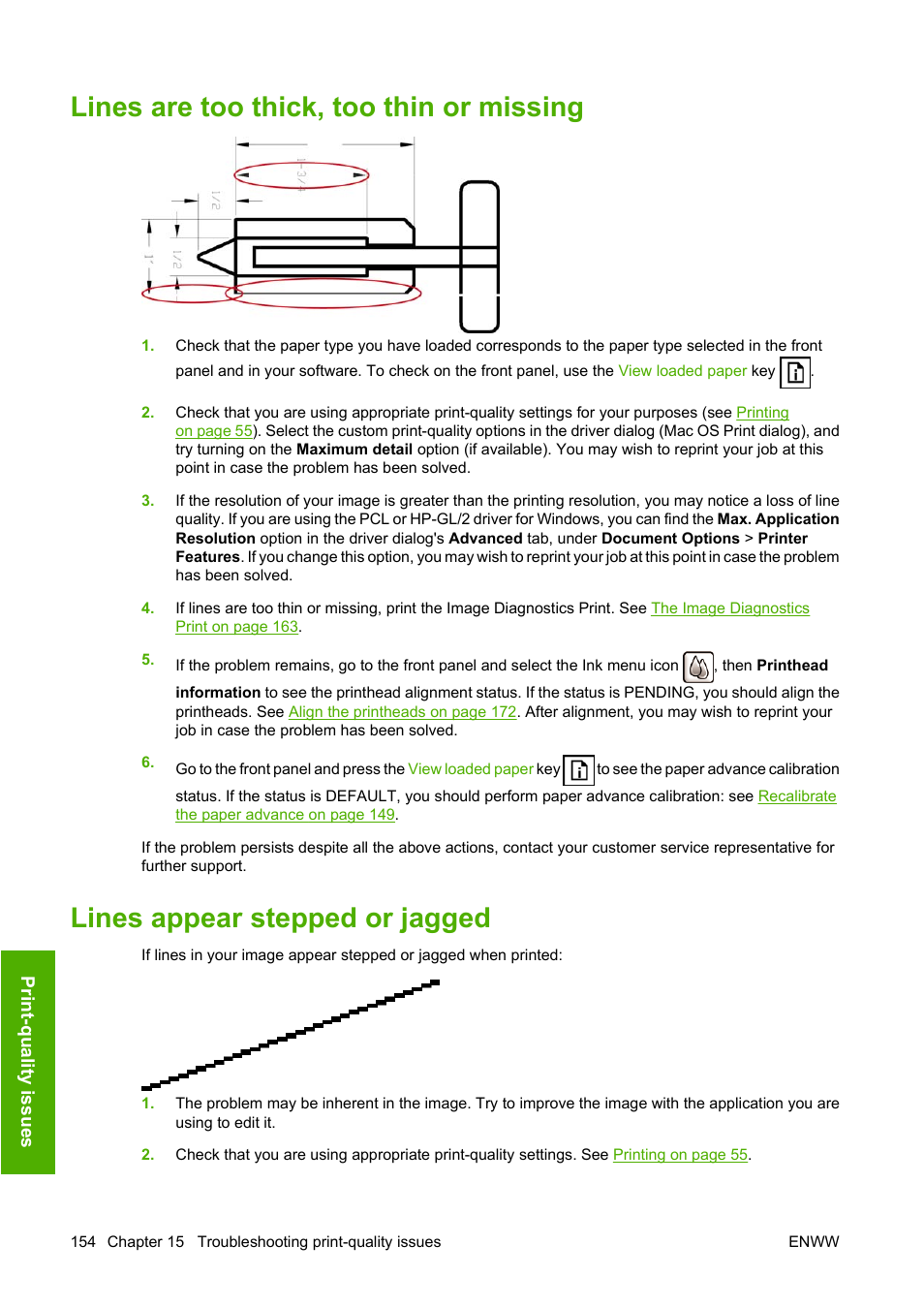 Lines are too thick, too thin or missing, Lines appear stepped or jagged | HP Designjet T1120 Printer series User Manual | Page 163 / 207