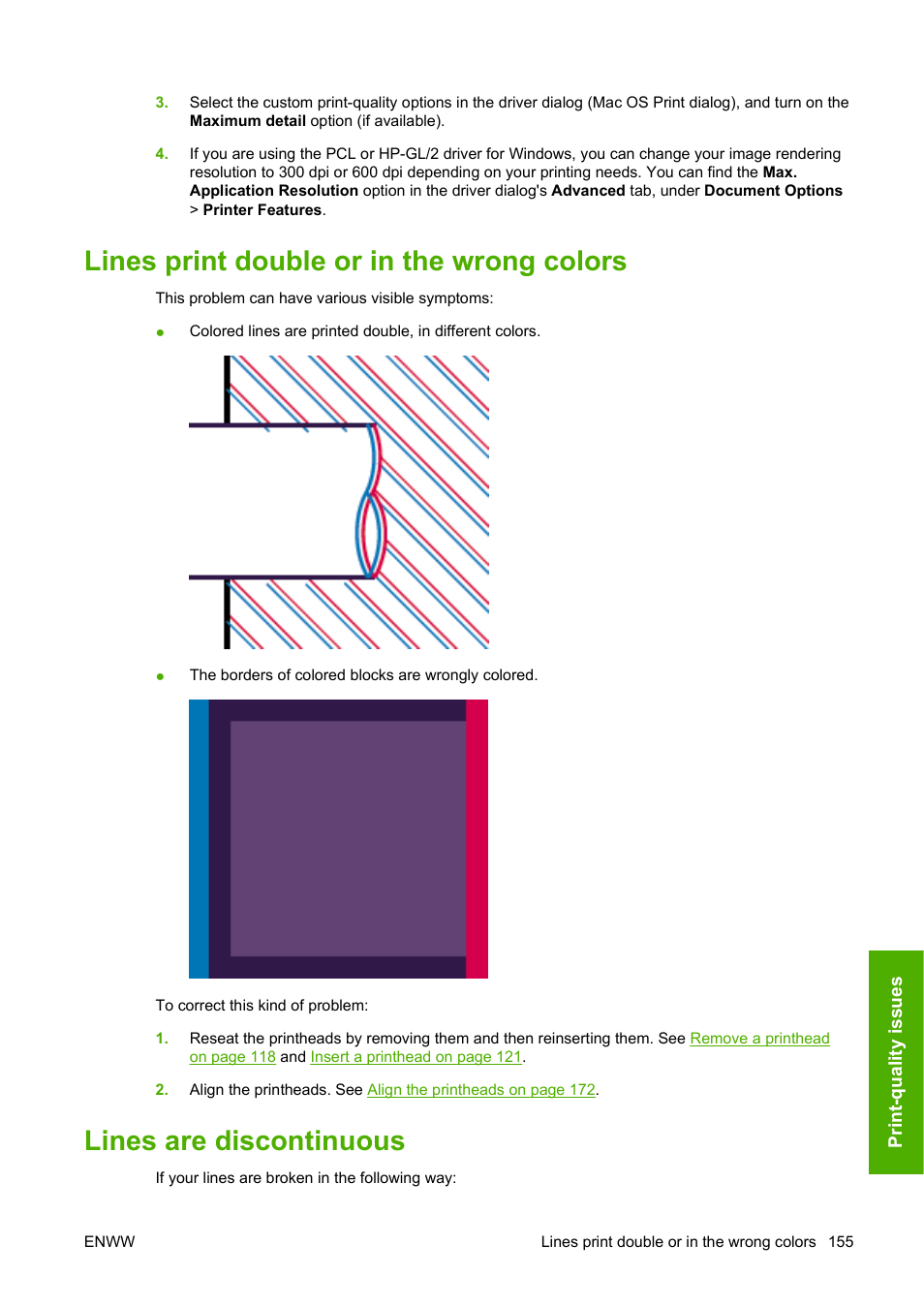 Lines print double or in the wrong colors, Lines are discontinuous | HP Designjet T1120 Printer series User Manual | Page 164 / 207