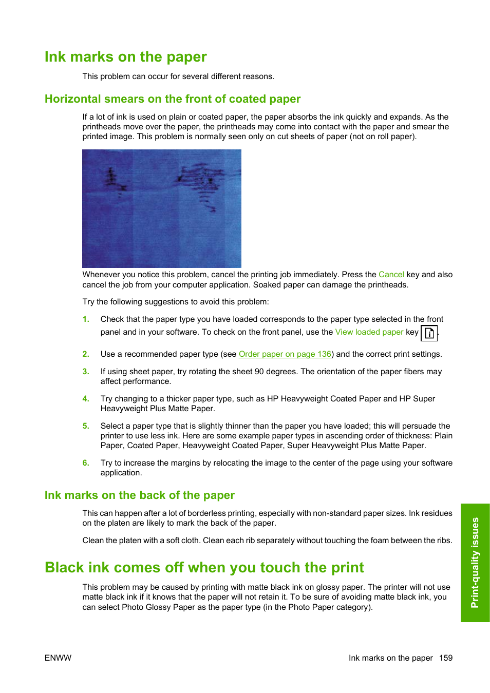 Ink marks on the paper, Horizontal smears on the front of coated paper, Ink marks on the back of the paper | Black ink comes off when you touch the print | HP Designjet T1120 Printer series User Manual | Page 168 / 207