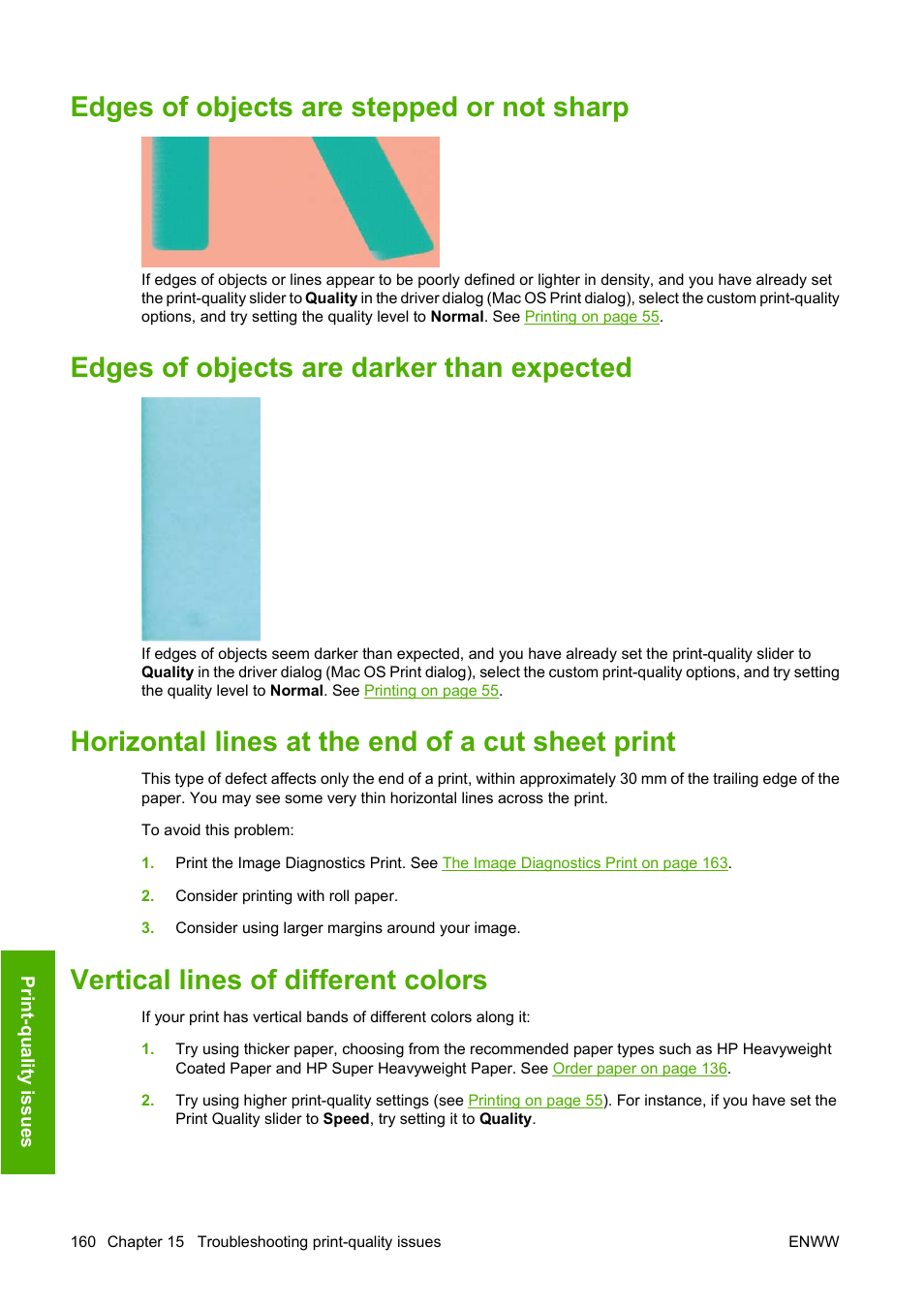 Edges of objects are stepped or not sharp, Edges of objects are darker than expected, Horizontal lines at the end of a cut sheet print | Vertical lines of different colors | HP Designjet T1120 Printer series User Manual | Page 169 / 207