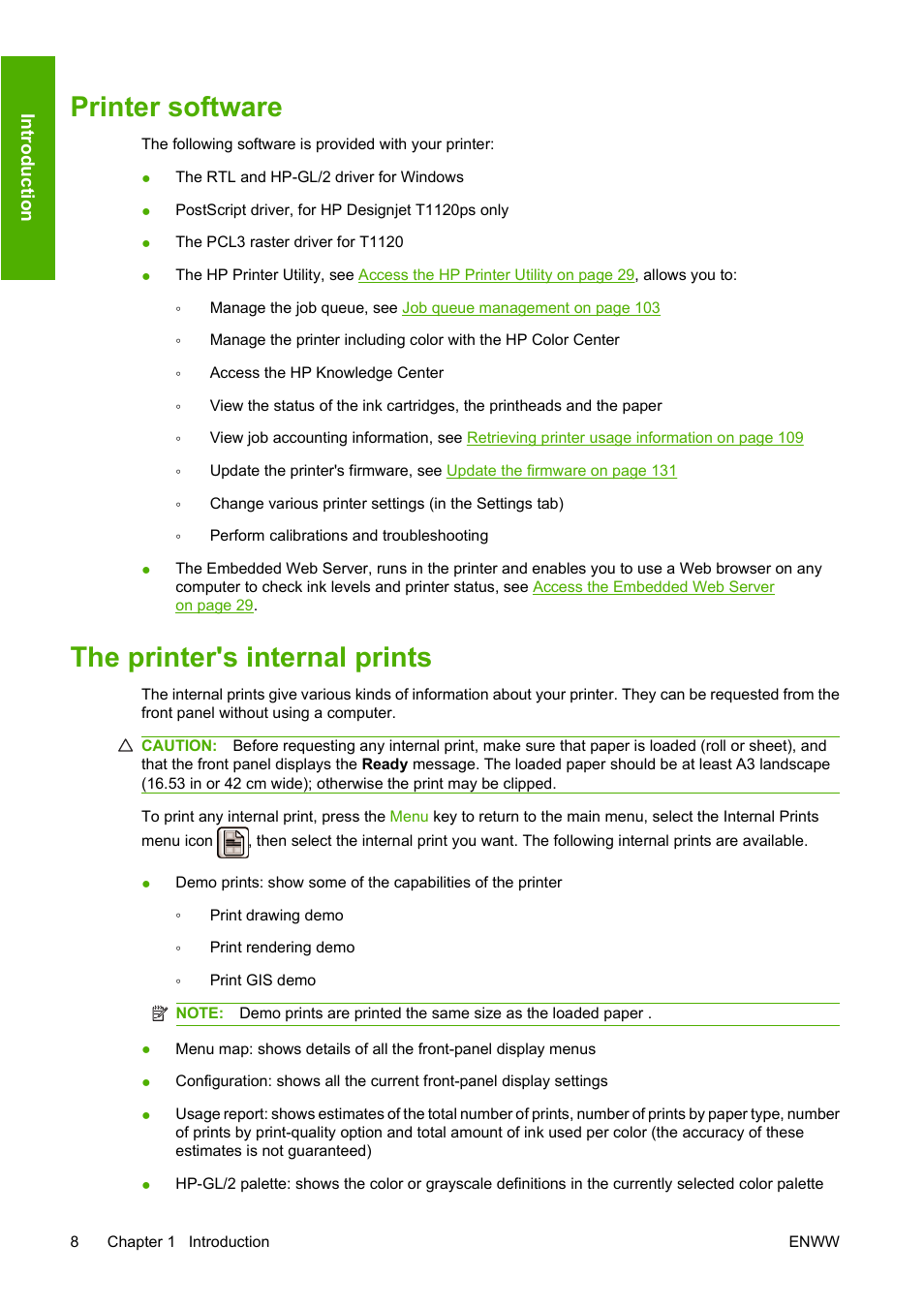 Printer software, The printer's internal prints, Printer software the printer's internal prints | HP Designjet T1120 Printer series User Manual | Page 17 / 207