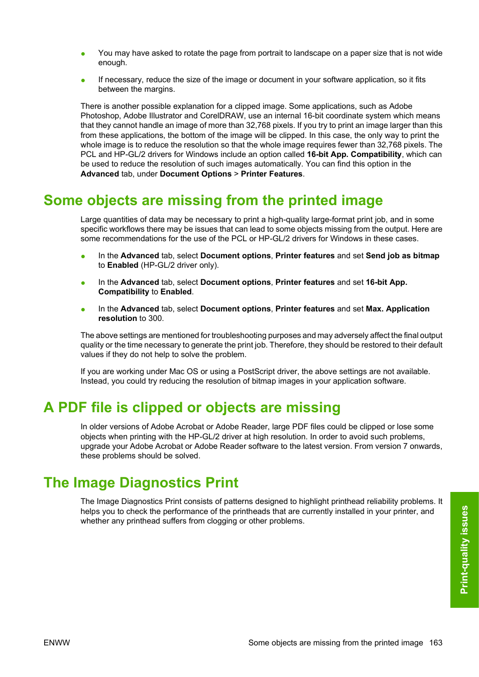 Some objects are missing from the printed image, A pdf file is clipped or objects are missing, The image diagnostics print | The image diagnostics | HP Designjet T1120 Printer series User Manual | Page 172 / 207