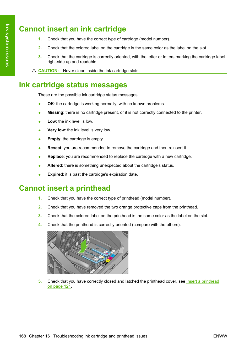 Cannot insert an ink cartridge, Ink cartridge status messages, Cannot insert a printhead | HP Designjet T1120 Printer series User Manual | Page 177 / 207