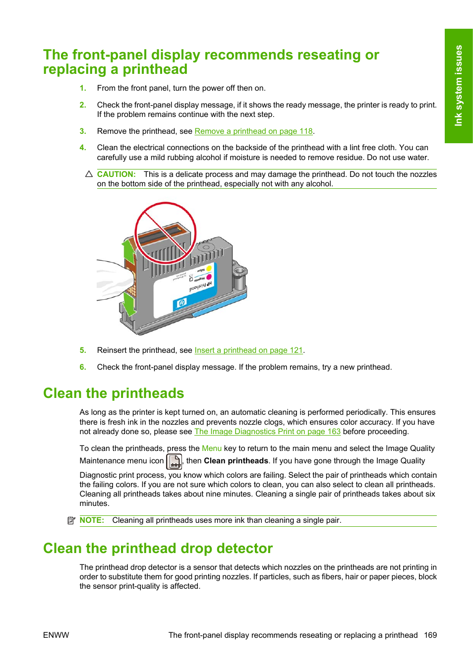 Clean the printheads, Clean the printhead drop detector | HP Designjet T1120 Printer series User Manual | Page 178 / 207