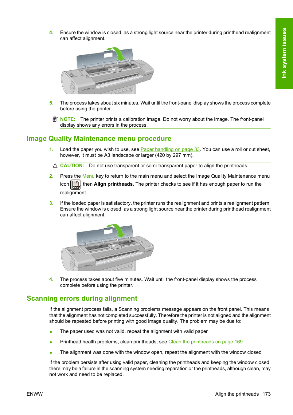 Image quality maintenance menu procedure, Scanning errors during alignment | HP Designjet T1120 Printer series User Manual | Page 182 / 207