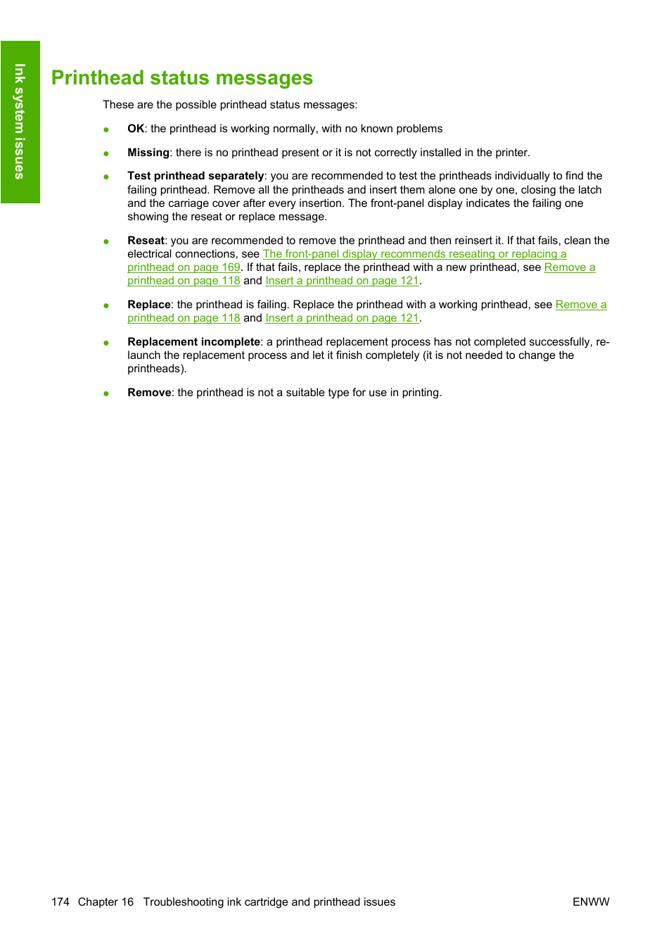 Printhead status messages | HP Designjet T1120 Printer series User Manual | Page 183 / 207