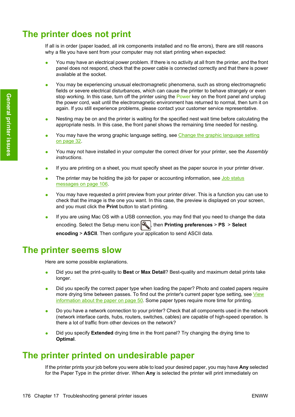 The printer does not print, The printer seems slow, The printer printed on undesirable paper | HP Designjet T1120 Printer series User Manual | Page 185 / 207