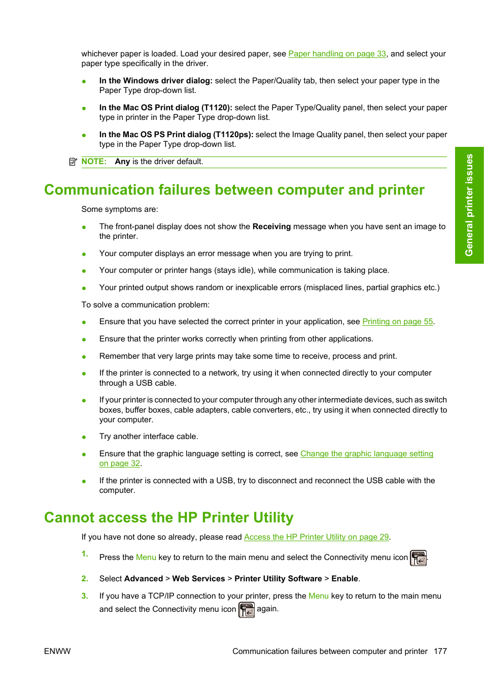 Cannot access the hp printer utility | HP Designjet T1120 Printer series User Manual | Page 186 / 207