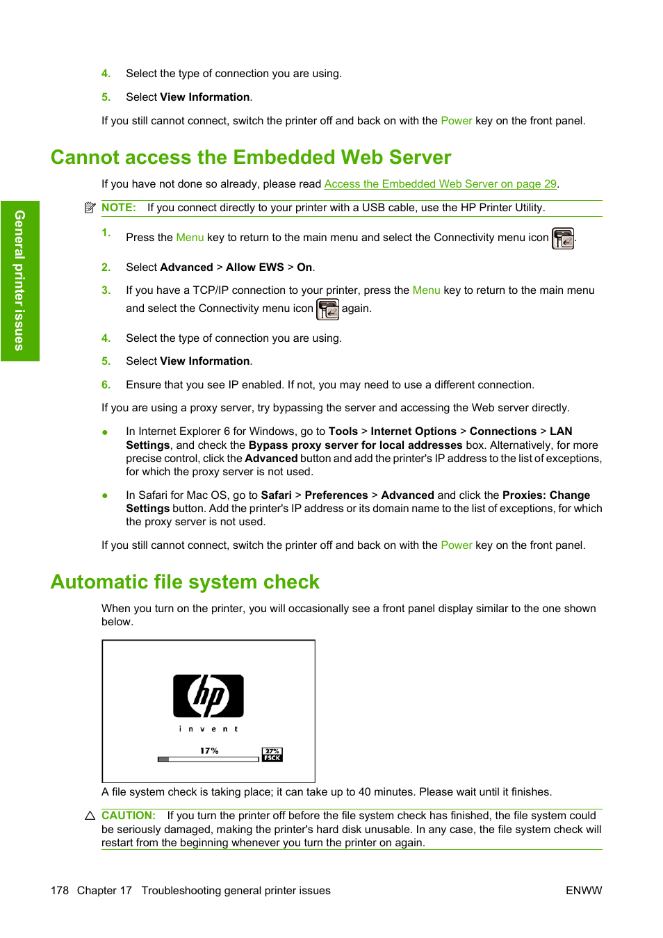 Cannot access the embedded web server, Automatic file system check | HP Designjet T1120 Printer series User Manual | Page 187 / 207