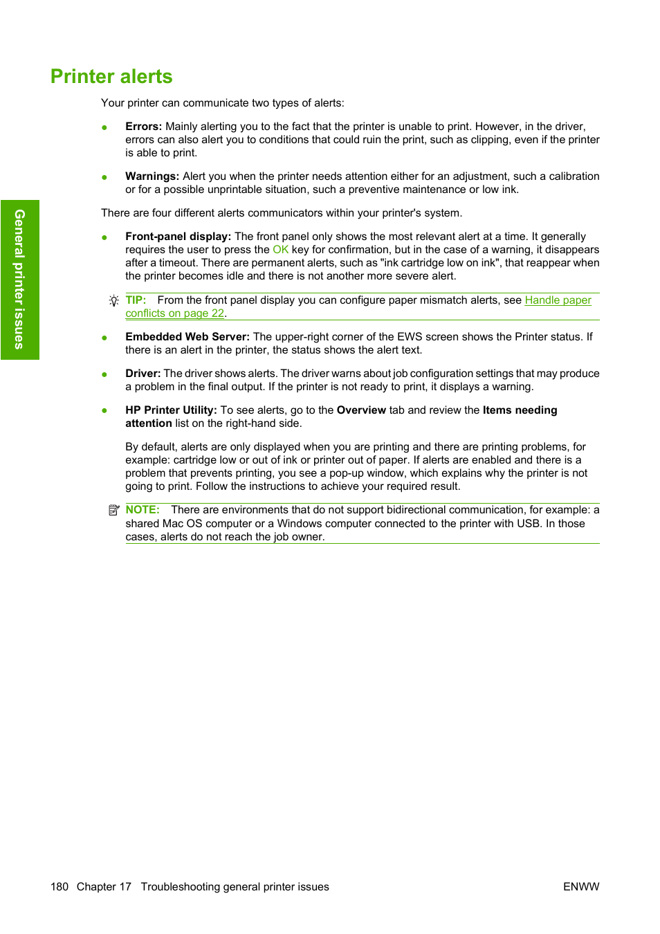 Printer alerts | HP Designjet T1120 Printer series User Manual | Page 189 / 207