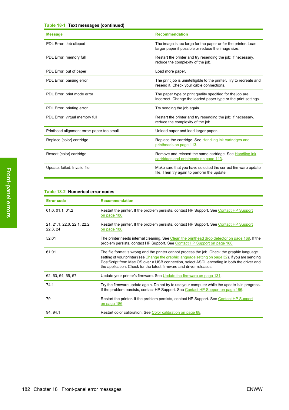 Fron t-panel e rrors | HP Designjet T1120 Printer series User Manual | Page 191 / 207