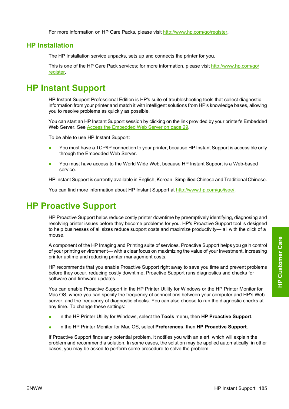 Hp installation, Hp instant support, Hp proactive support | Hp instant support hp proactive support | HP Designjet T1120 Printer series User Manual | Page 194 / 207
