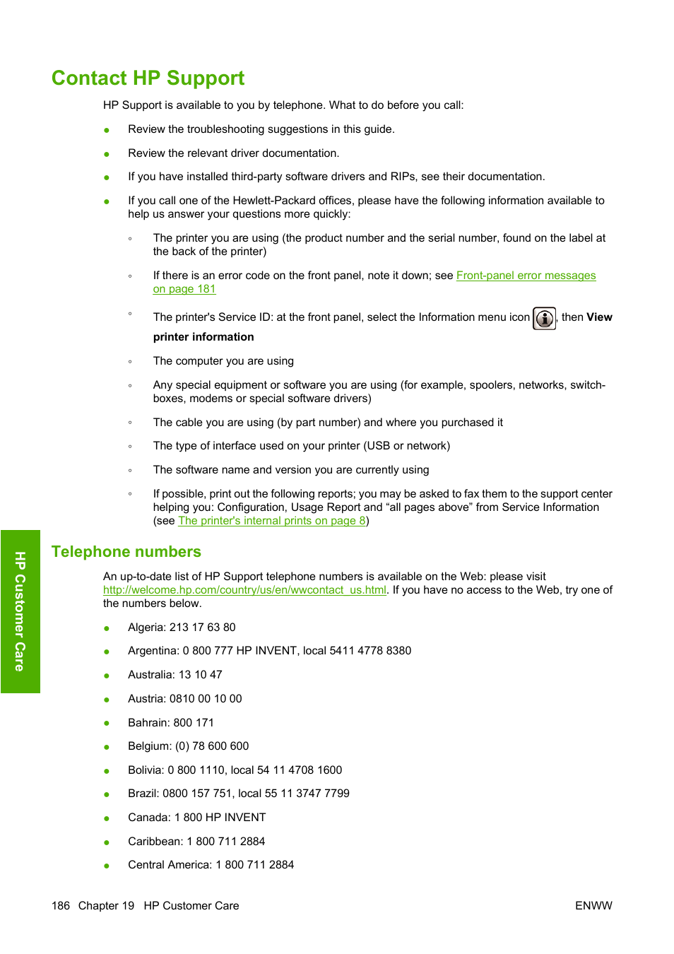 Contact hp support, Telephone numbers | HP Designjet T1120 Printer series User Manual | Page 195 / 207